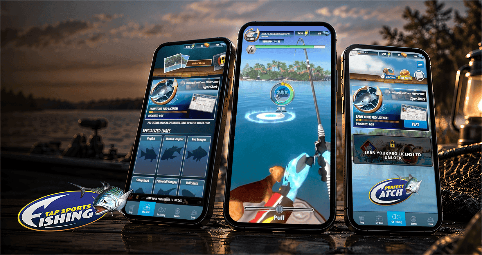Tap Sports Fishing on three phones: the world map of iconic waters, a bass mid-catch on the reel screen, and the lure gear builder