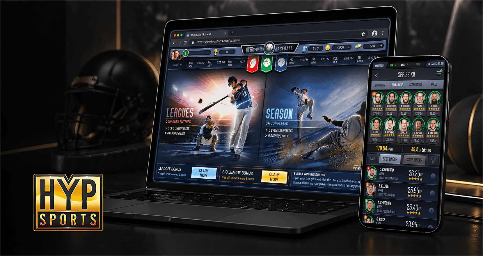 HypSports on a laptop and phone: the live lobby with Real Games, Real People, Real Rewards over a football hero shot
