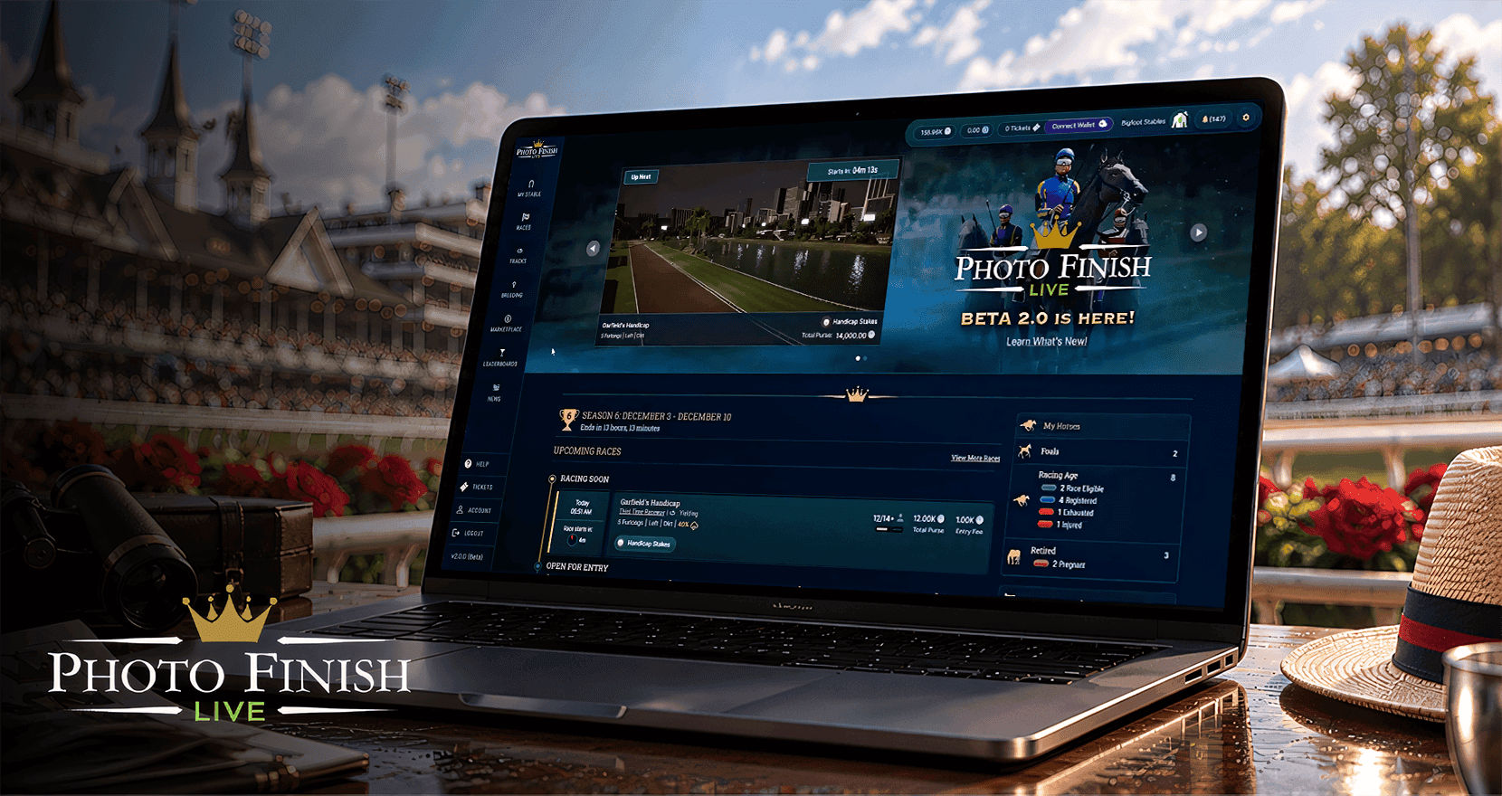 Photo Finish LIVE on a laptop and phone at the track: a race mid-stretch with the horse roster below and a stable view on mobile